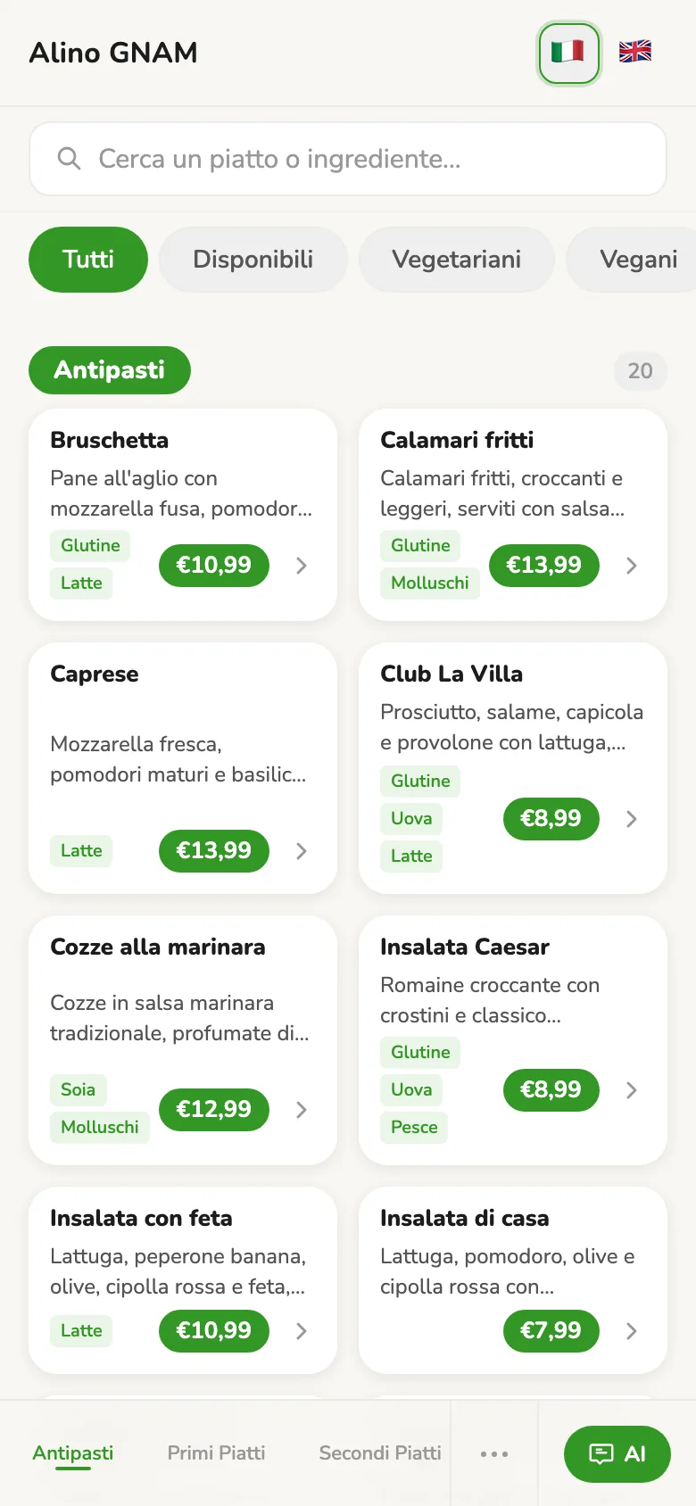 Menu digitale RistoBrain con filtri e allergeni